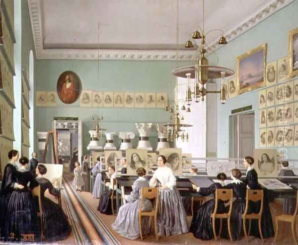 Interior of the Womens Department of the St Petersburg Drawing School Oil Painting by Ekaterina Nikolaevna Khilova