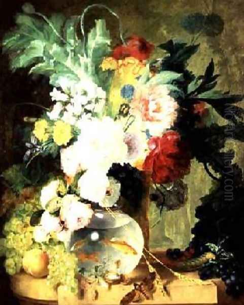 Still Life with Flowers and Fishbowl Oil Painting by C. Kuipers