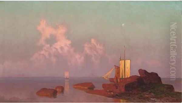 Fishing vessels moored at Konigsberg, sunset Oil Painting by Hugo Knorr