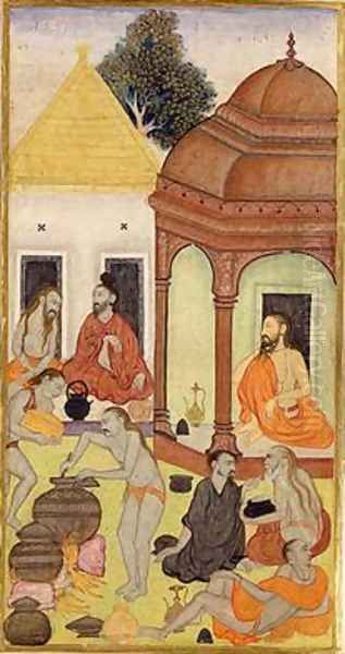 Yogis Sit by Shrines Awaiting Food that is Being Prepared in large Cooking Pots over a Fire Raj Kunwar Oil Painting by Kseu