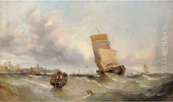 A Boulogne lugger caught in a swell off a French Channel port Oil Painting by William Calcott Knell