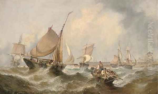 Congestion at the harbour mouth at the top of the tide (illustrated); and Barges and traders in a heavy swell off the Dutch coast Oil Painting by William Calcott Knell