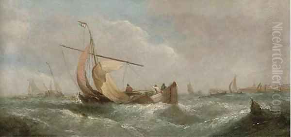 Dutch barges drying their sails at dusk; and A blustery day offshore (illustrated) Oil Painting by William Calcott Knell