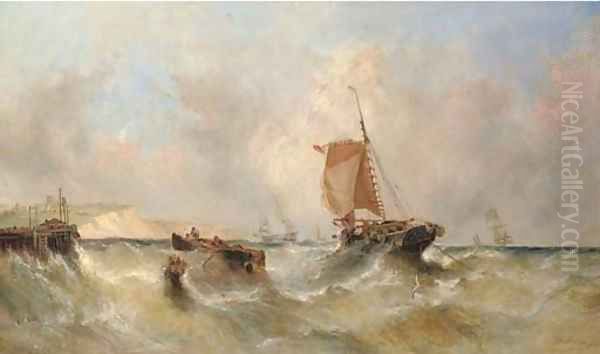 Hauling in the catch in a heavy swell off Dover, with busy Channel traffic beyond Oil Painting by William Calcott Knell