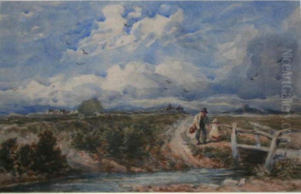 Two Figures Near A Country Bridge, Haymaking Beyond Oil Painting by David I Cox