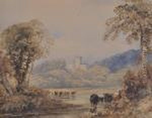 Cattle Watering In A Tree Lined River Oil Painting by David I Cox