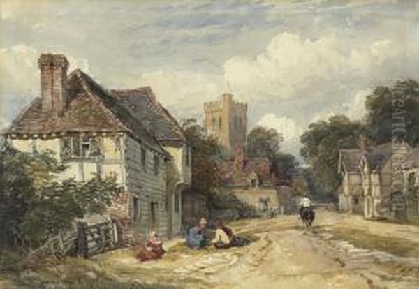 A Village Street With Figures And A Horseman, A Church Beyond Oil Painting by David I Cox