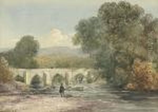 An Angler On The River Wharfe, Possibly Near Burnsall Bridge, Yorkshire Oil Painting by David I Cox