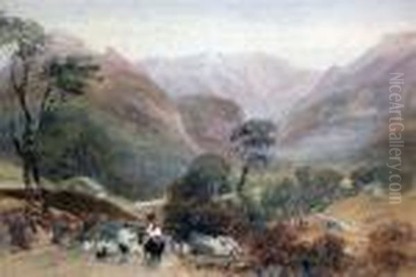 Shepherd And Flock In A Welsh Landscape Oil Painting by David I Cox