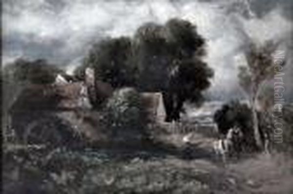 Watermill With Figure On Horseback To Foreground Oil Painting by David I Cox