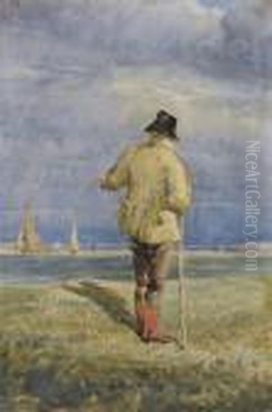 A Farmer Near The Banks Of An Estuary Oil Painting by David I Cox