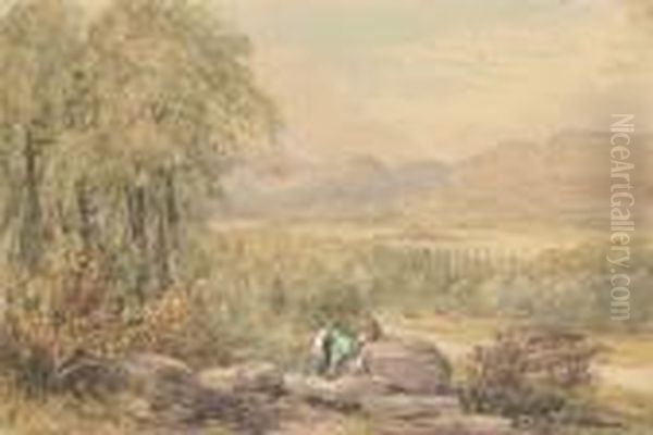 Figures Resting Near The Llangollen Viaduct In The Dee Valley,north Wales Oil Painting by David I Cox