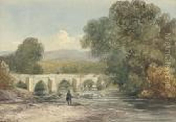 An Angler On The River Wharfe, Possibly Near Burnsall Bridge,yorkshire Oil Painting by David I Cox