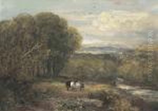 A Man With Horses And An Angler In Bolton Park, Yorkshire Oil Painting by David I Cox