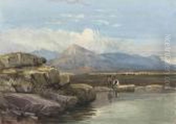 Figures By A Rocky Pool, Snowdon Beyond, North Wales Oil Painting by David I Cox