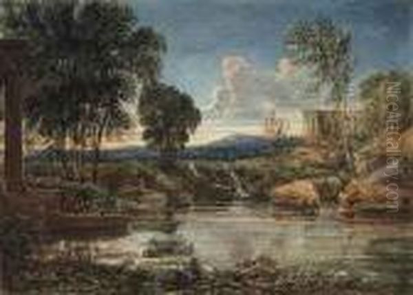 A Capriccio Landscape With A Temple Beyond Oil Painting by David I Cox