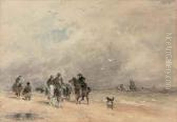 Figures Crossing Ulverston Sands, Cumbria Oil Painting by David I Cox