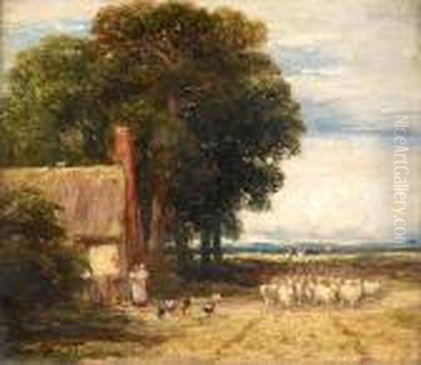 Country Landscape With A Shepherd And Sheep Oil Painting by David I Cox