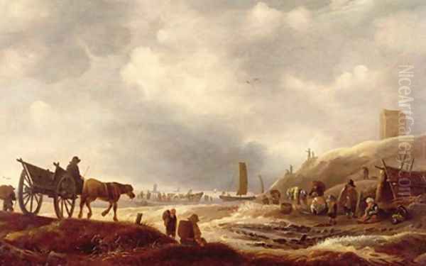 Fishermen displaying their catch in the dunes a beach beyond Oil Painting by Willem Kool or Koolen