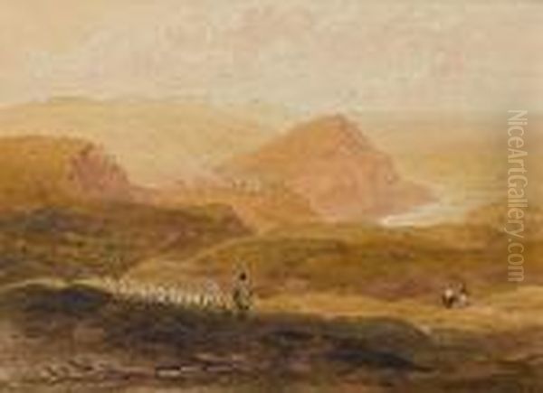 A Shepherd With His Flock Looking Out Across The Sea Oil Painting by David I Cox