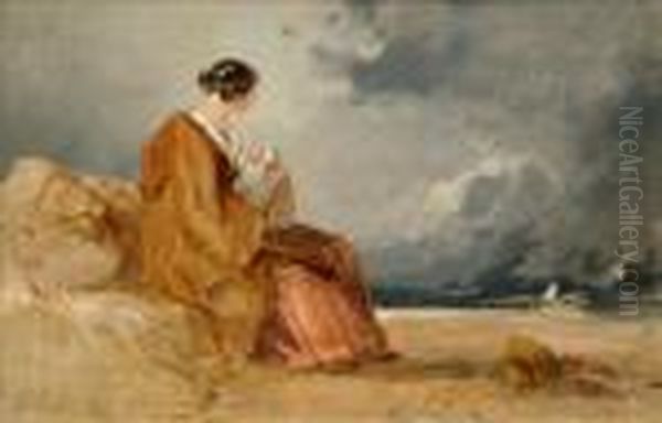 Mother And Child On A Beach Oil Painting by David I Cox