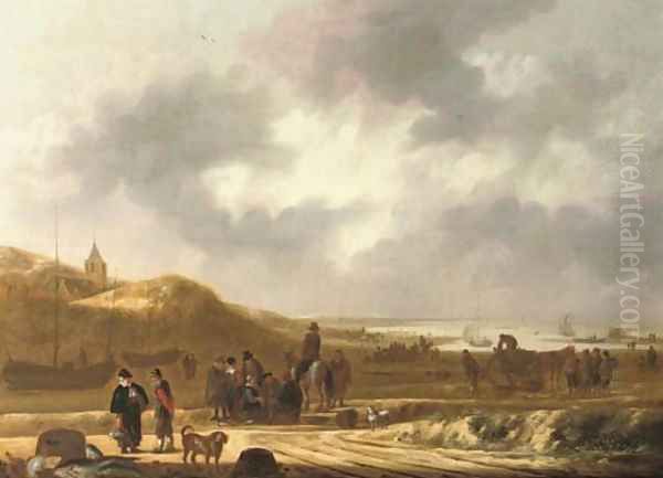 Fisherfolk on the beach of Scheveningen Oil Painting by Willem Kool or Koolen