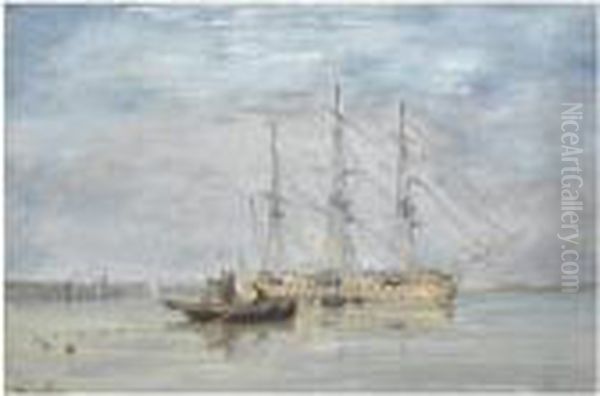 Fisherman Near A Three-mastership In An Estuary, Chichesterbeyond Oil Painting by David I Cox