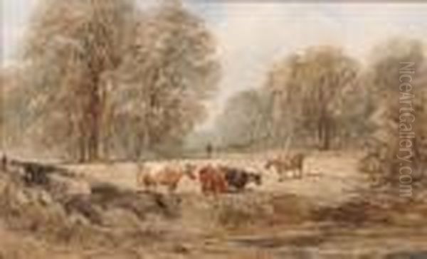 Landscape With Cows Oil Painting by David I Cox