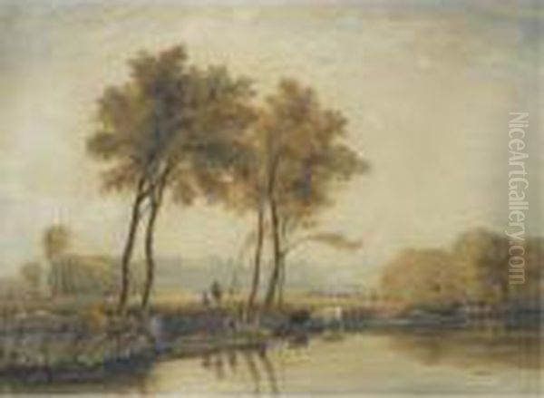 Figures And Cattle On The Banks Of The Thames, Windsor Oil Painting by David I Cox