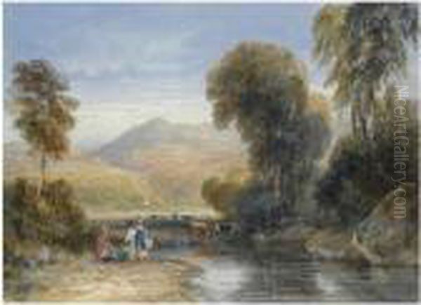 Women By A Stream With Cattle And Hills In The Distance, Herefordshire Oil Painting by David I Cox