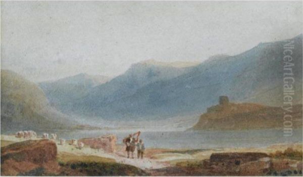 A Man With A Harp And His Son Near Dolbadern Castle, Llanberis Oil Painting by David I Cox