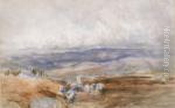 A Shepherd With His Flock In An Extensive Moorland Landscape Oil Painting by David I Cox