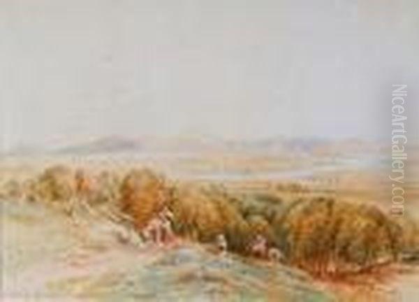 Hereford Valley Scene With Resting Travellers Oil Painting by David I Cox