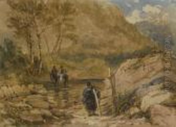 A Welsh Ford (recto); A Welsh Country Lane (verso) Oil Painting by David I Cox