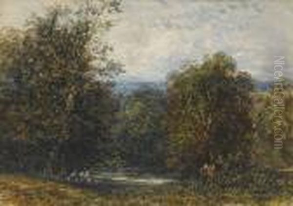 Figures By A Woodland Pool, Near Handsworth, Staffordshire Oil Painting by David I Cox