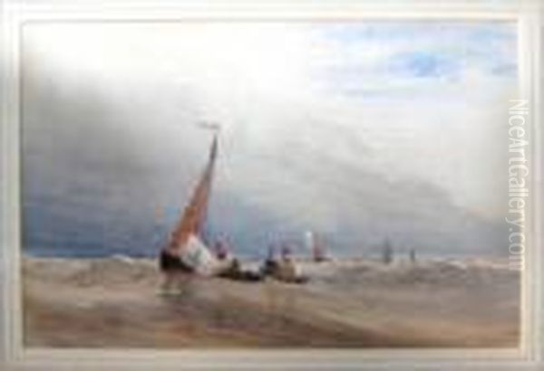 'fishing Boats In A Breeze', Watercolour, Signed And Dated, 15cm X 23cm, Framed Oil Painting by David I Cox