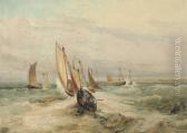 Fishing Boats In A Squall Off Fleet, Hampshire Oil Painting by David I Cox