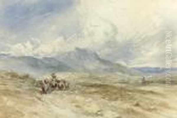 Cattle And A Drover In A Mountainous Landscape, North Wales Oil Painting by David I Cox