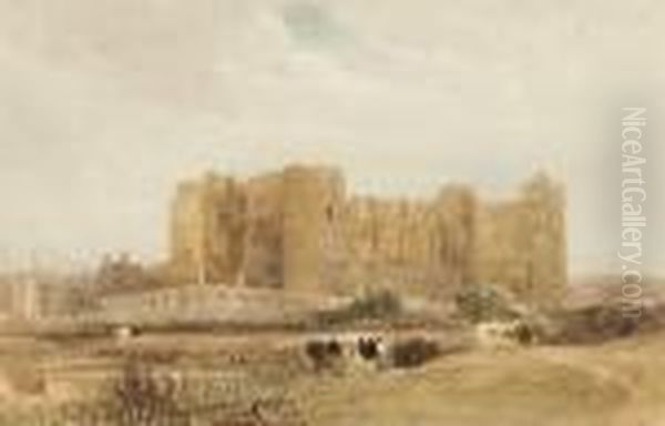 Cattle Before A Castle Oil Painting by David I Cox