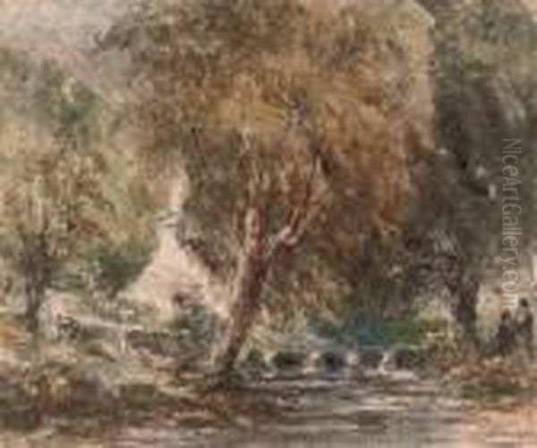 Figures On The Banks Of A River In A Wooded Landscape Oil Painting by David I Cox