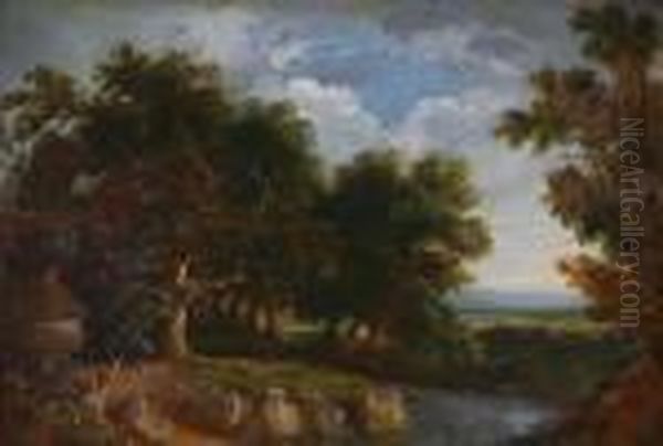 A Wooded Landscape Oil Painting by David I Cox