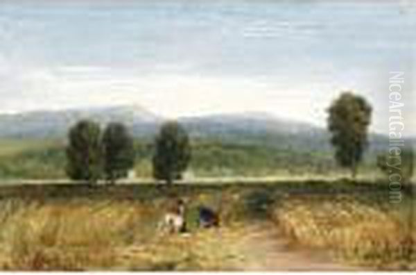 Harvesters In A Welsh Valley Oil Painting by David I Cox