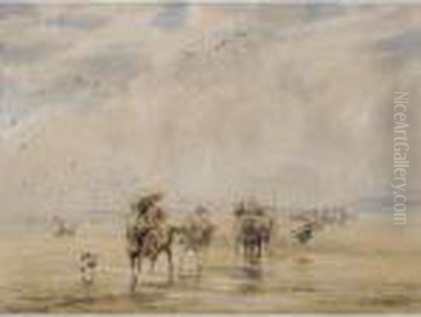 Blustery Day On Rhyll Sands Oil Painting by David I Cox