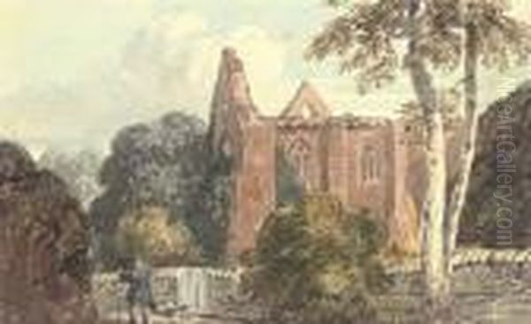 A Figure With A Dog Beside A Ruined Abbey Oil Painting by David I Cox