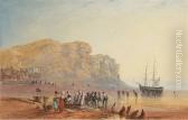 A Fish Market On The Beach At Hastings Oil Painting by David I Cox