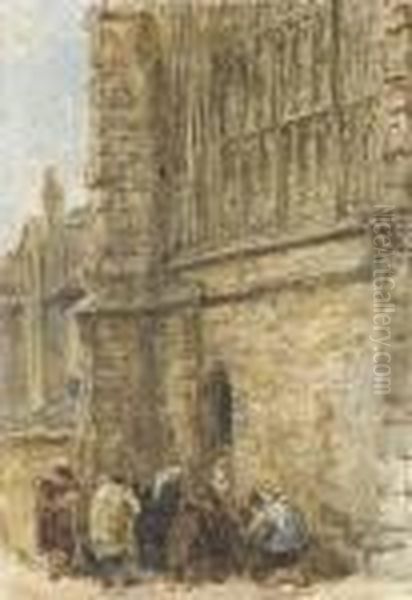 Figures Receiving Alms At The Church Door Oil Painting by David I Cox