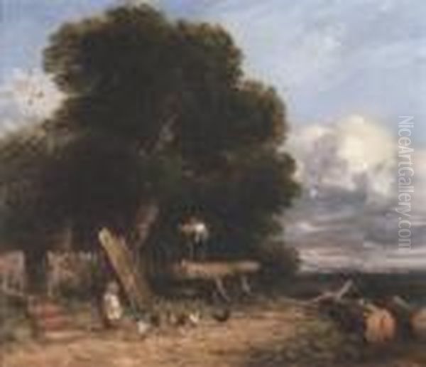 Landscape With A Figure Sawing Wood Beneath A Tree Oil Painting by David I Cox