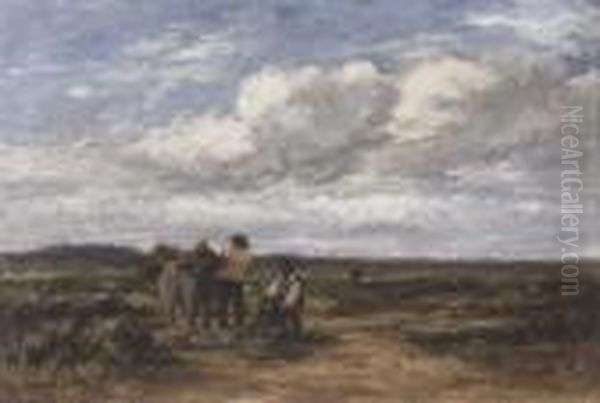 Peat Cutters In A Landscape Oil Painting by David I Cox