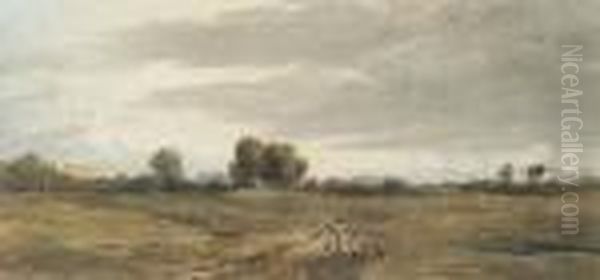 A Landscape At Dusk With A Woman And Child Walking Home, Possibly Clapham Common Oil Painting by David I Cox