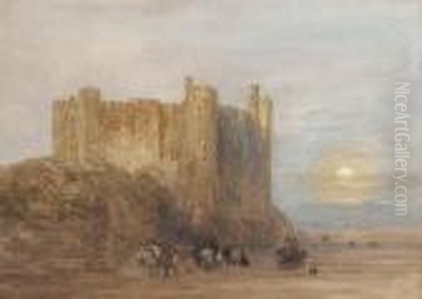 Laugharne Castle, Carmarthen Bay, At Low Tide, A Full Moon Rising Oil Painting by David I Cox